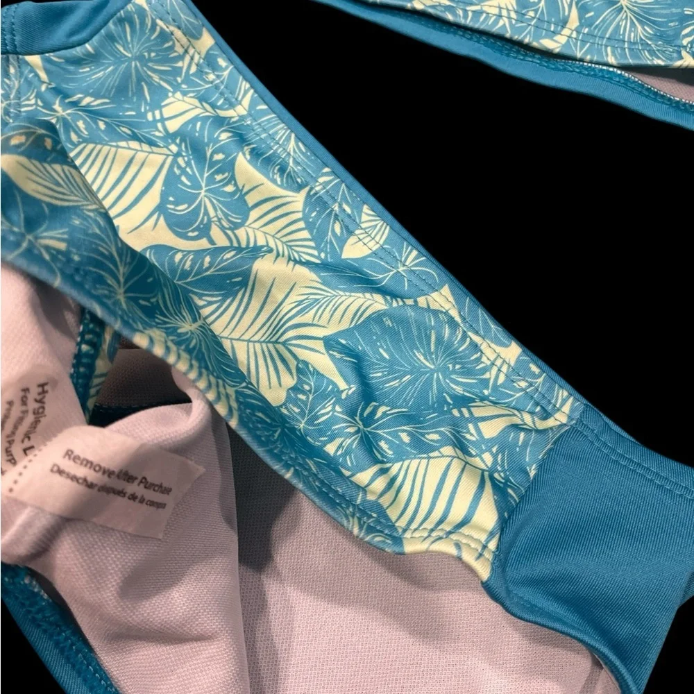 Lily & Dan Girls 2 Piece Swim Set Bikini Top & Bottom Green Blue Tropical Medium